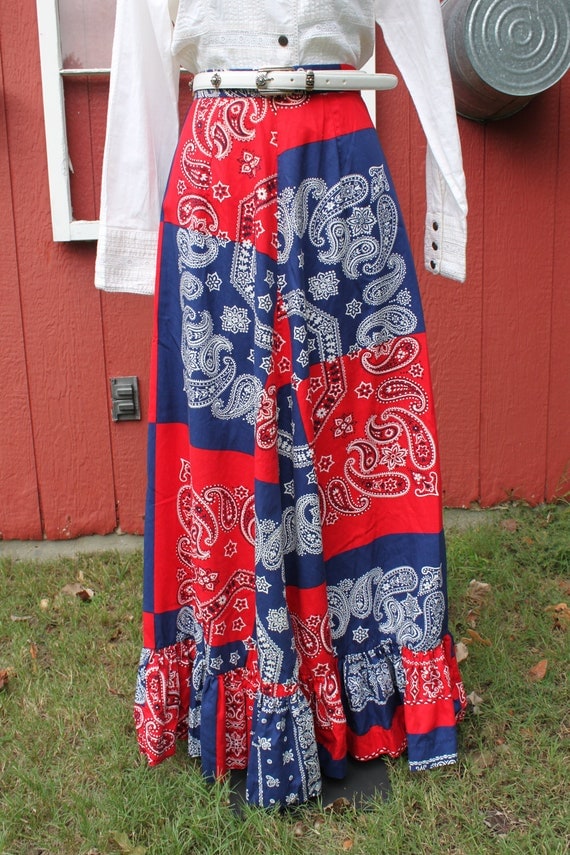 Vintage Womens BANDANA SKIRT Long Maxi Length Red White Blue