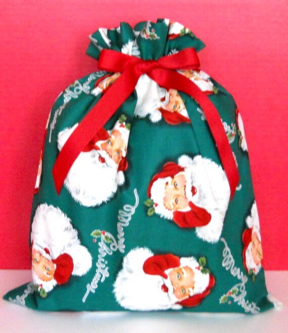 Santa Claus on Green Large Fabric Gift Bag - Holly, Merry Christmas ...