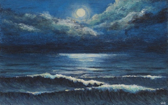 Moonlight ocean waves original acrylic painting Midnight