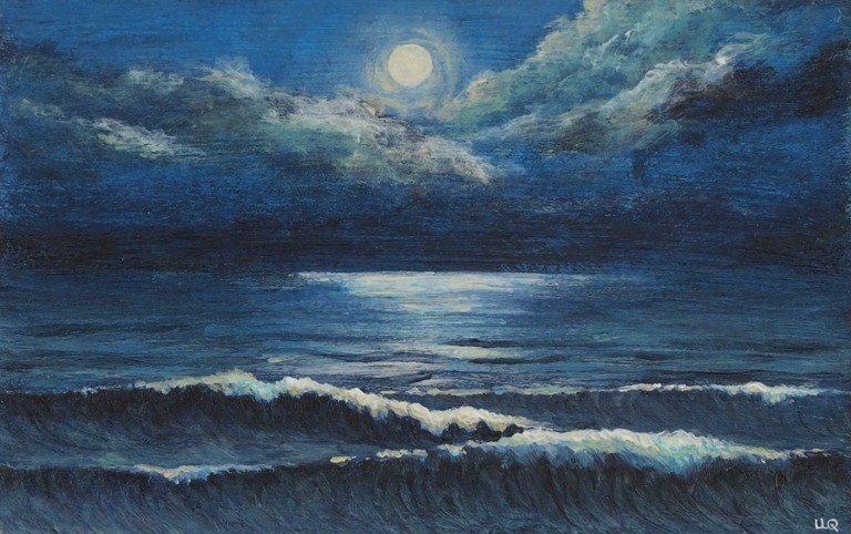 Moonlight ocean waves original acrylic painting Midnight