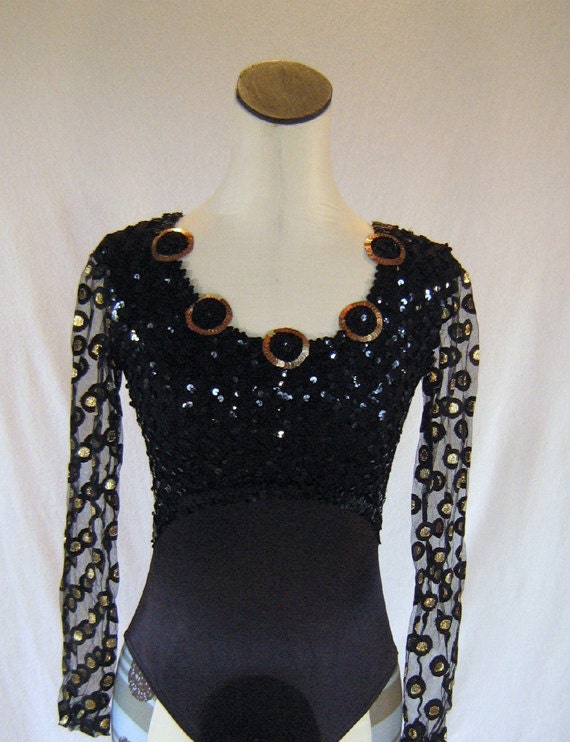 Black Sequin Circle Dance Leotard Glam Diva Fringe Skirt