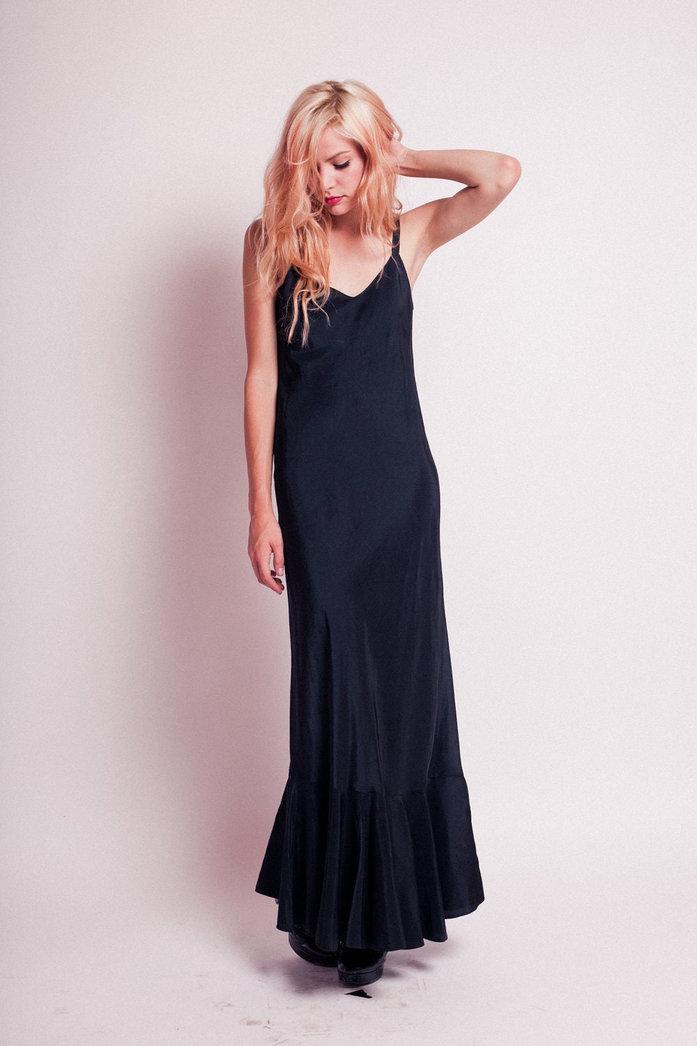 40's Floor Length Long Black Gown Slip Dress Small Medium