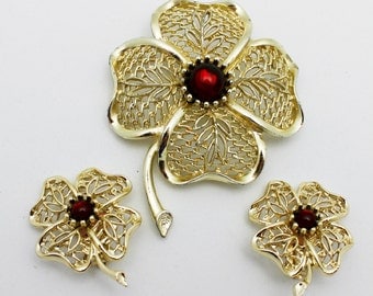 Vintage Emmons Brooch and Earring Set Signed Gold and Red