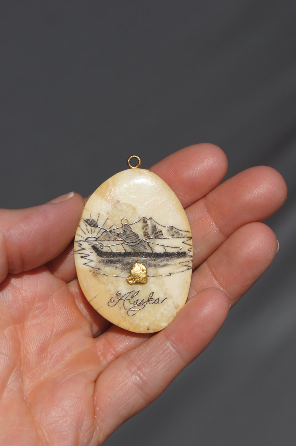 Alaskan Fossilized Walrus Ivory Scrimshaw gold pendant