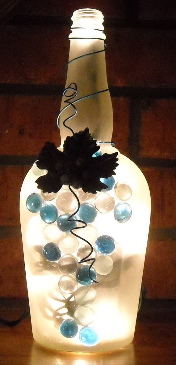 Download Frosted and Blue Glass Wine Liquor Bottle Light with Grapes Yellowimages Mockups