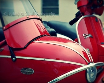 Red Stella With Sidecar Art Photo Vespa Scooter Italian Urban Photography Red Stella With Sidecar Art Photo Vespa Scooter Italian Urban Photography