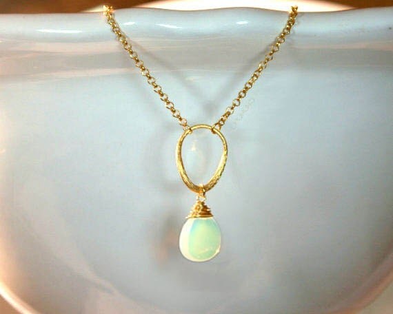 Opal on Oval necklace. Wire wrapped Opal teardrop on matte
