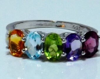 Amethyst, Citrine, Rhodolite Garnet, Hebei Peridot, Sky Blue Topaz Ring
