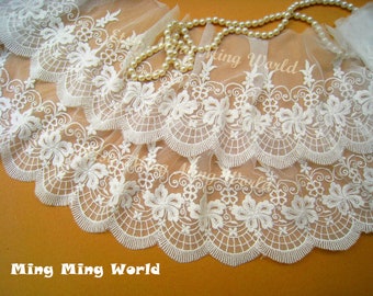Cotton Embroidered Lace Trim -2 Yards Ivory Big Flower Lace Trim (L135)