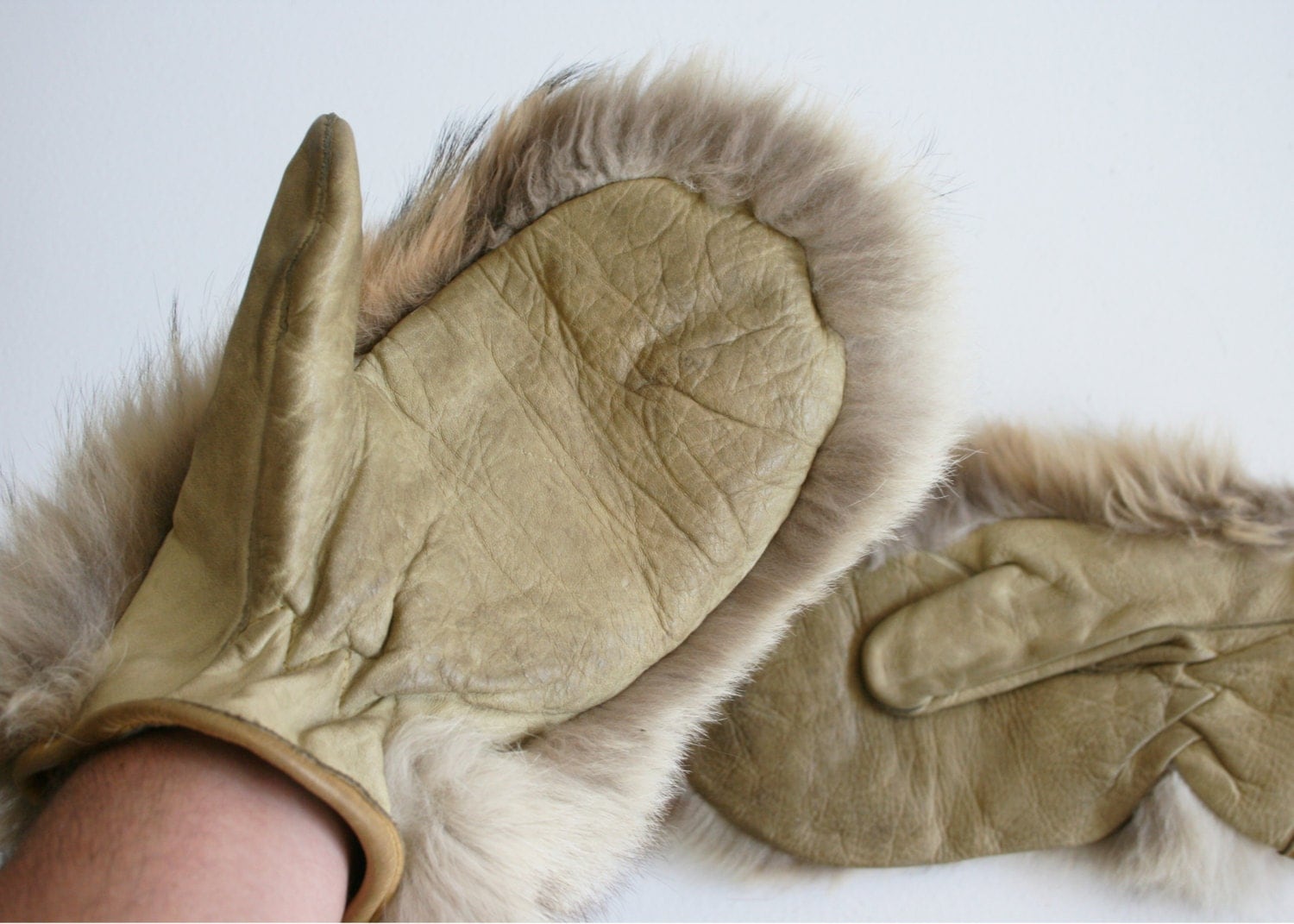 Vintage Handmade Real Leather & Fur Eskimo Mittens