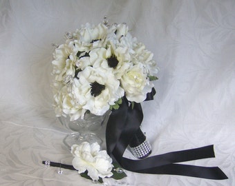 Black and white bridal bouquet and boutonniere 8 piece set elegant black and white wedding