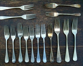 Vintage English Dinner Eating Forks Mixed Set of 15 Cutlery Silverware Flateware Job Lot circa 1910-50's / English Shop