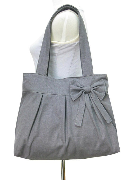 Gray cotton canvas tote bag  bow purse  shoulder bag  diaper bag ...