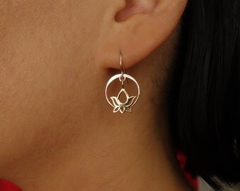 Lotus Earrings in Bronze and Silver Circle Earrings,bridesmaid gift,bridal shower, wedding gift,tiny lotus,om lotus,