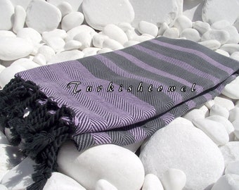 Turkishtowel-Soft-Highest Quality,Pure Organic Cotton,Hand Woven,Bath,Beach,Spa,Yoga,Travel Towel or Sarong-Wisteria,Gray and Black tassels