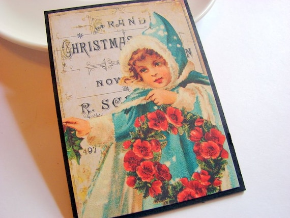 Christmas Chipboard Pin  Girl Holding a Flowered by mimiandlucy