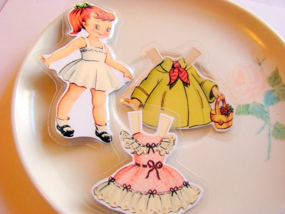 Laminated Pin Set  Paper Doll with a Pink Party by mimiandlucy