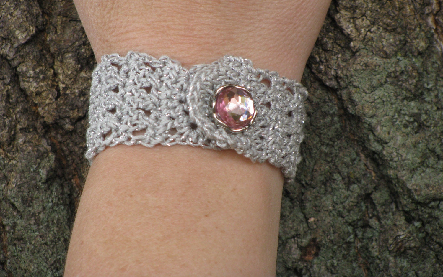 Silver Thread Crochet Bracelet with Pink by KatyTrailCreations