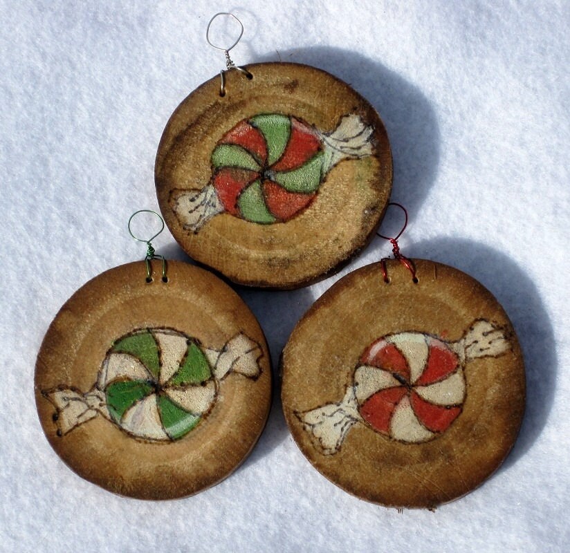 woodburned Christmas ornaments ~ set of 3 "candy" ~ gift boxed ~ Christmas tree Decorations ~ handmade ~ kid friendly ~ Winter gift idea ~ 