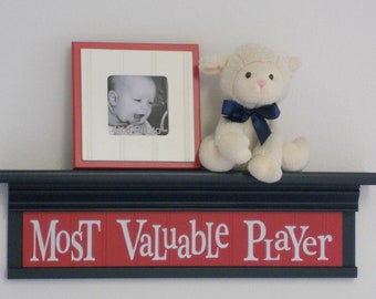 Navy and Red Nursery - Most Valuable Player - Sign on 24" Navy Shelf - Sport Wall Decor Baby Nursery