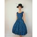 50s Vintage Silky Floral Cocktail Dress Deep Blue medium large