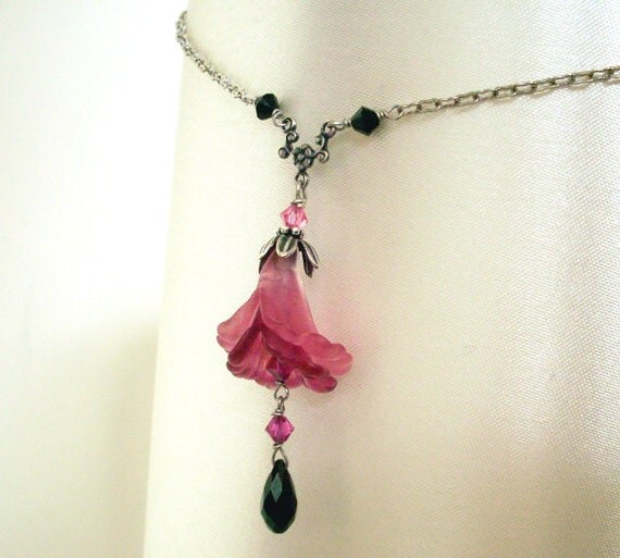 Pink Lucite Flower Necklace Pink Burgundy Layered Flower