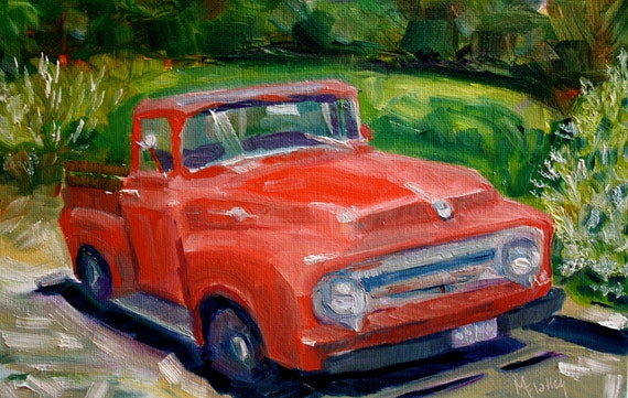 Original Painting Vintage Red Truck Old Red Truck Oil