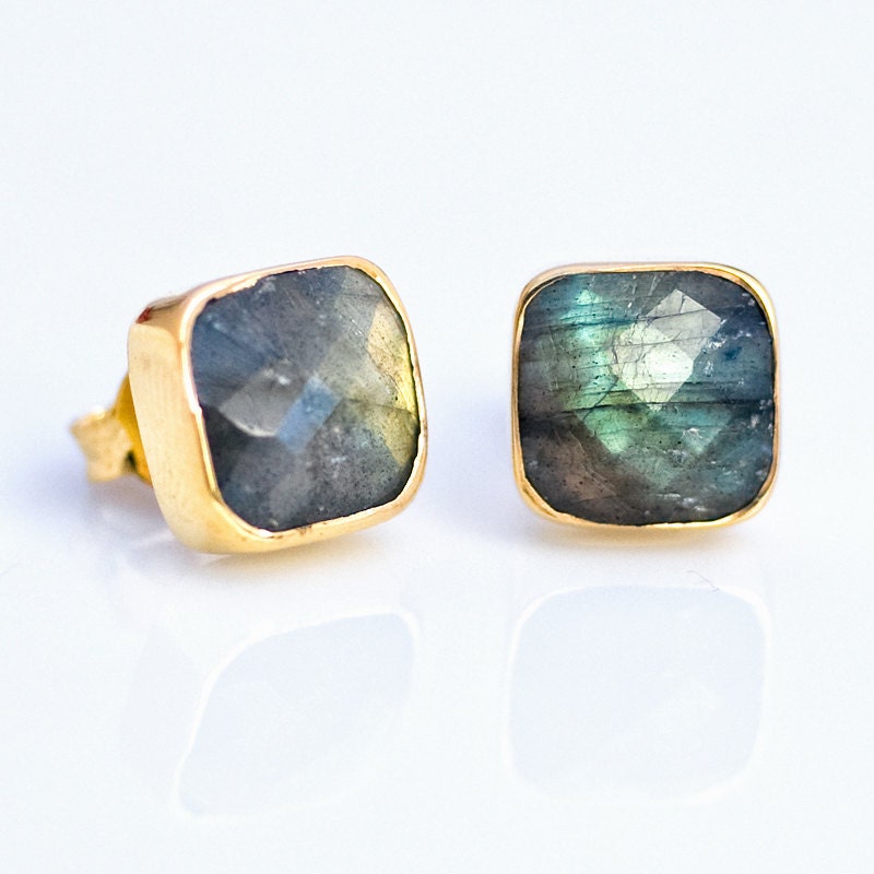 Labradorite Stud Earrings Gemstone Studs Cushion Cut Studs