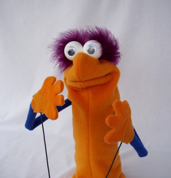 Orange and Blue Google Eye Hand Puppet with Rod Arms and