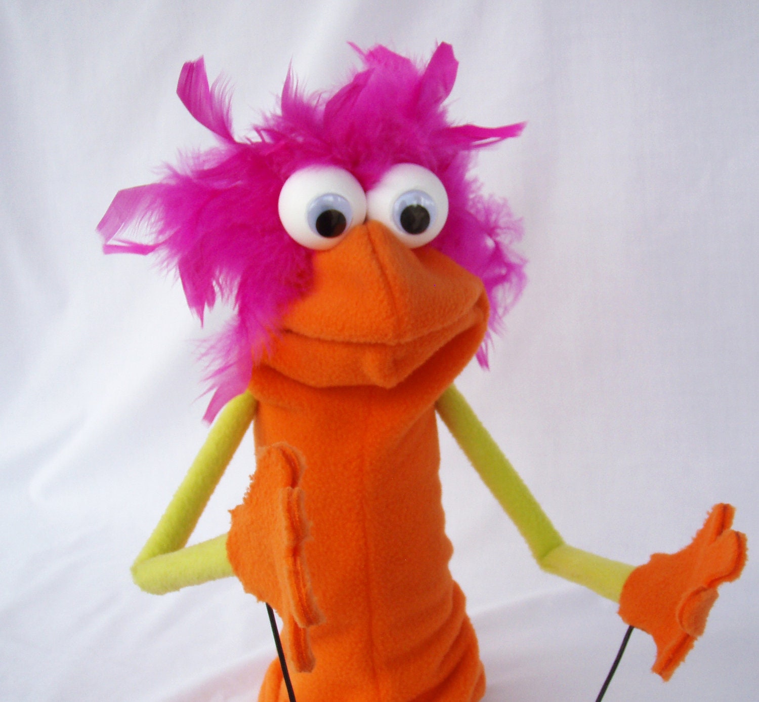 Orange Yellow and Pink Hand Puppet with Rod Arms Google Eye