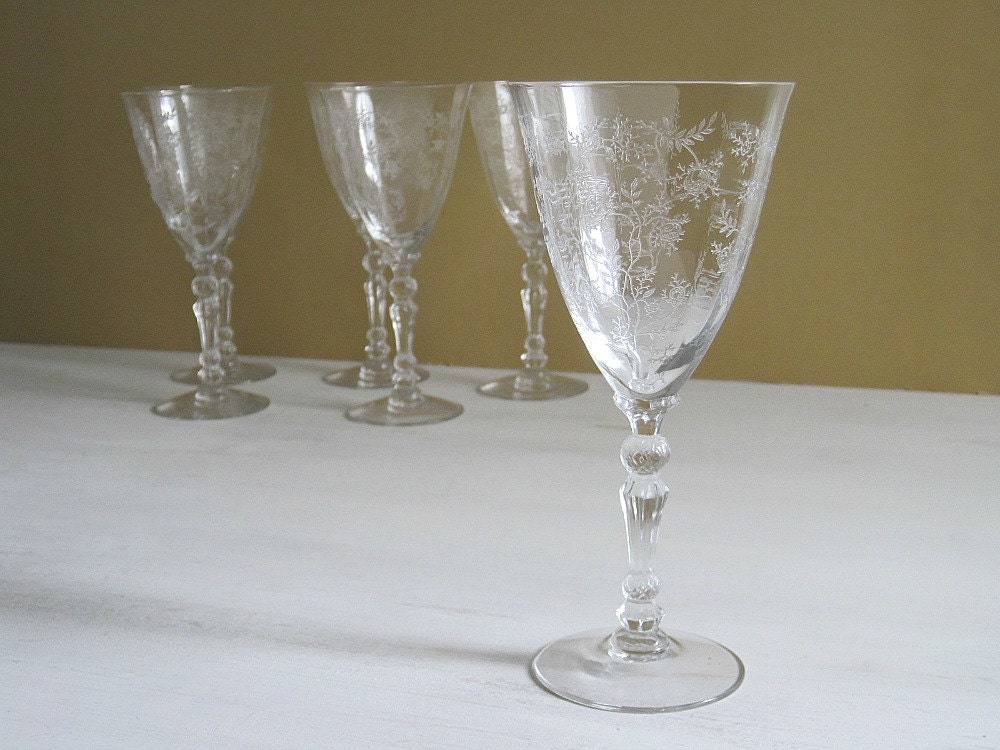 Vintage Etched Glass Water Goblets Fostoria Chintz