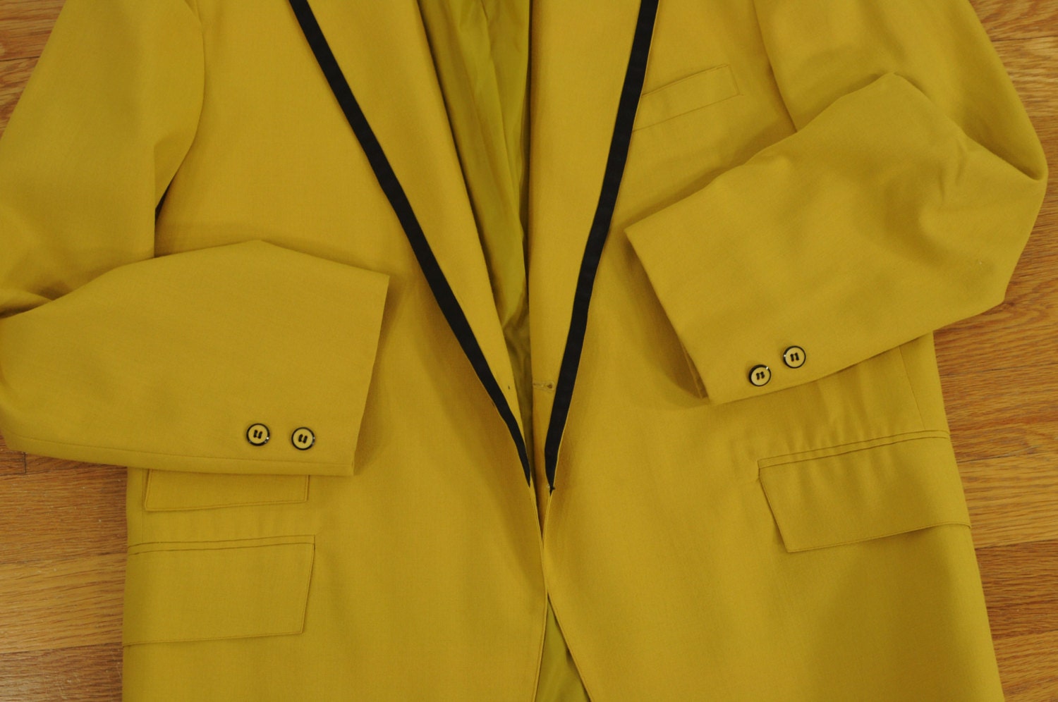 vintage 70s mustard yellow tuxedo jacket black trim wide lapel