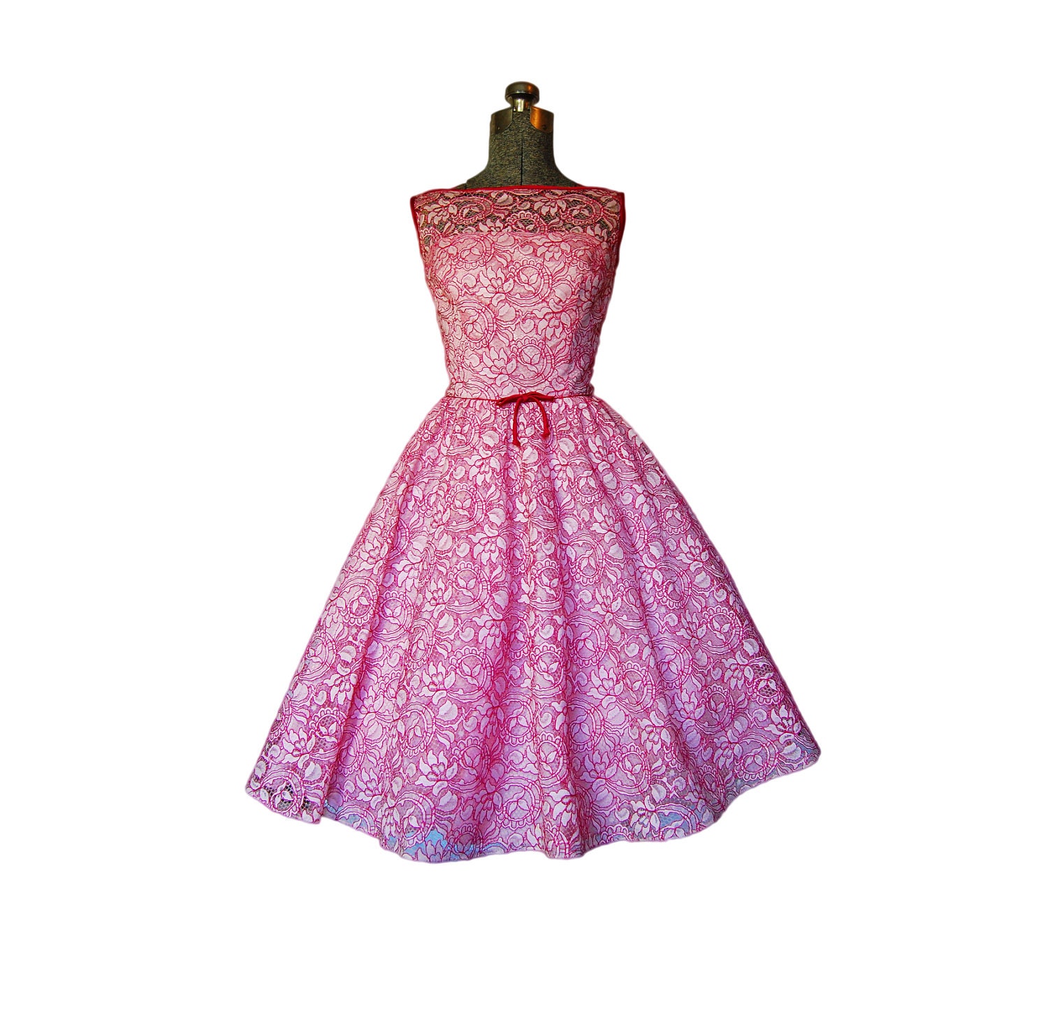 Vintage Early 1960s 60s Dress Pink Magenta Lace Full Skirt