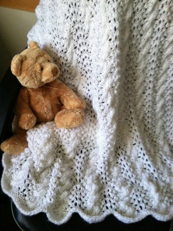 Elegant Pure White Hand Knit Baby Blanket / Afghan
