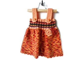 Knitted Baby Girl Dress - Orange Multicolor, 9 - 12 months