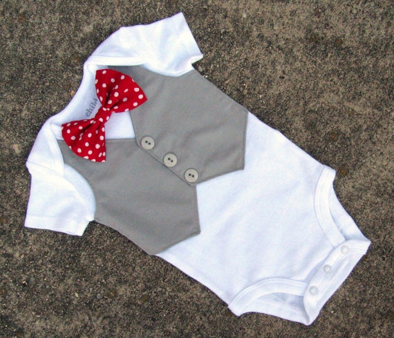 Baby Boy Valentine's Day Shirt - Custom Tuxedo Bodysuit Polka Dot Red Bow tie - Perfect 1st Birthday or Wedding Outfit - LS version