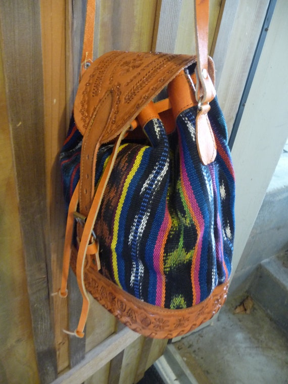 RESERVED for LouisaVintage Woven and Tooled Leather Ethnic Bag