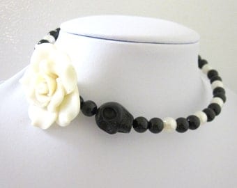 Day of the Dead Necklace Sugar Skull Choker Black White Rose