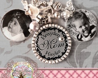 Mom Grandma Nana Triple Pendant KEY CHAIN (or Necklace), Photograph, Gray Black, Names Number, Children's Names, Mother, Gift, Mimi, Wedding