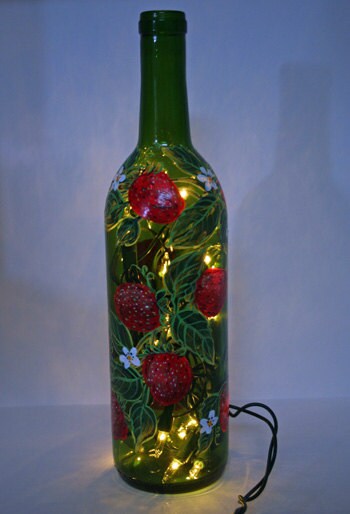 Hand Painted Wine Bottle Light With Strawberries Green and