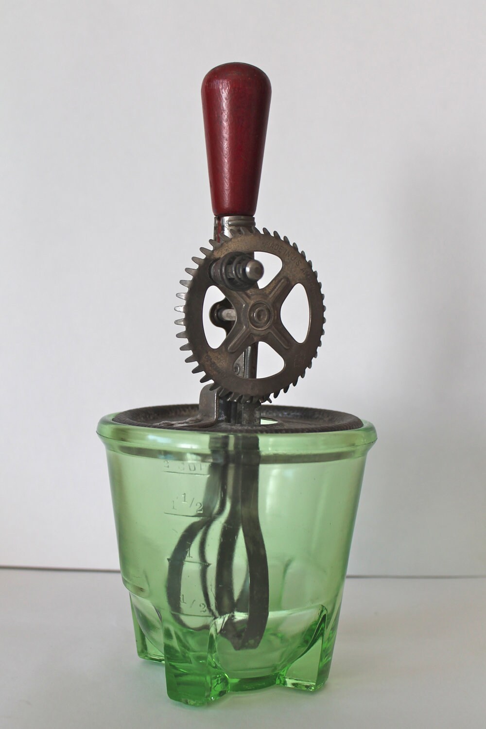 Vintage A&J Egg or Mayo Beater with Depression Green Glass