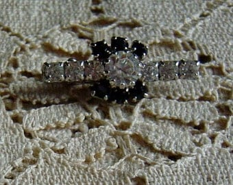 Vintage 1950s Rhinestone Bar Brooch Black and White Flower Pin