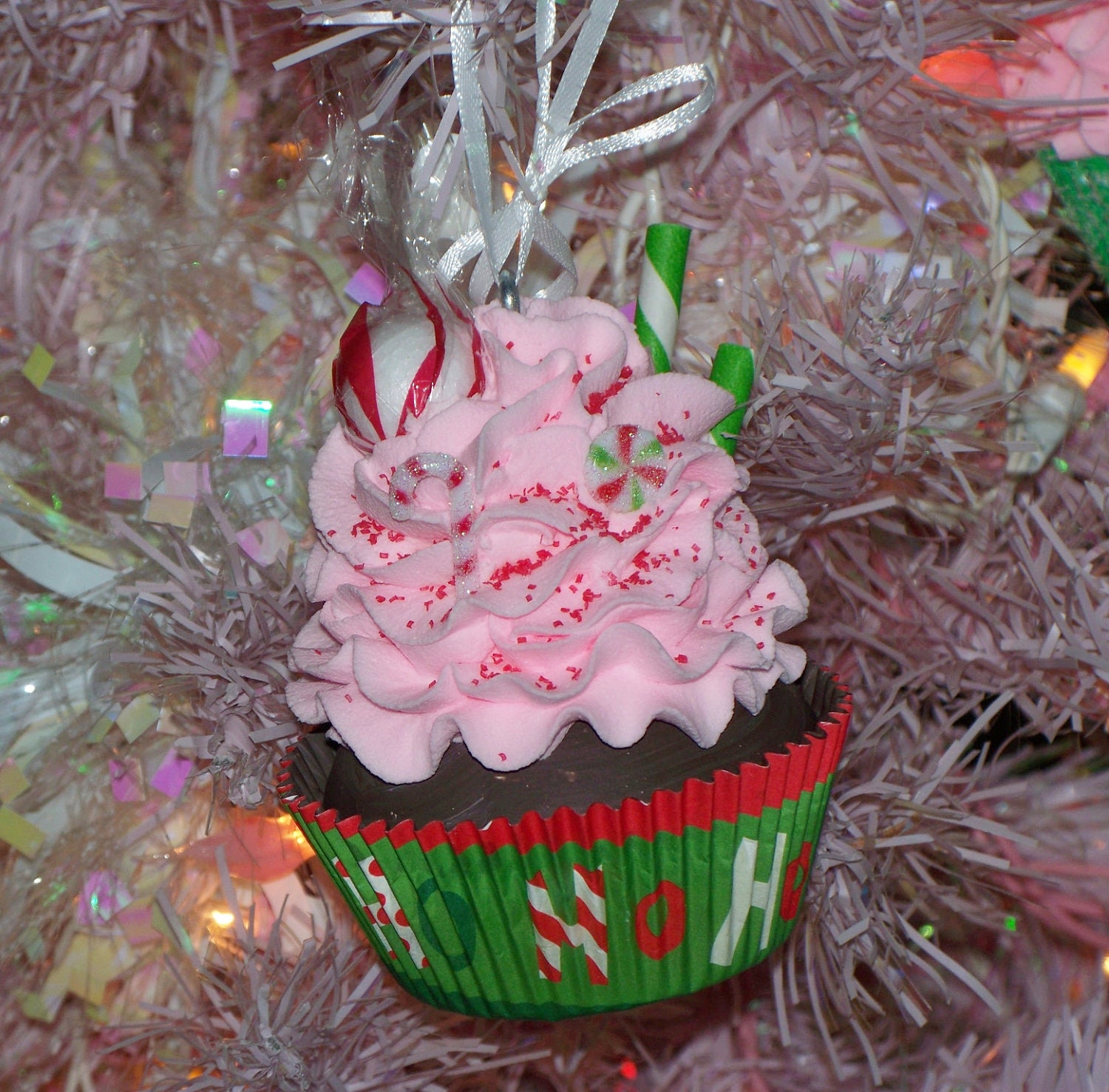 Pink Peppermint Fake Cupcake Christmas Ornament, Perfect for the Christmas Tree Decorations, Cake Plate, Secret Santa