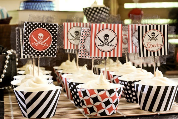 DIY Pirate Birthday Party PRINTABLE Cupcake Toppers black red white or we can PRINT them... Il_570xn