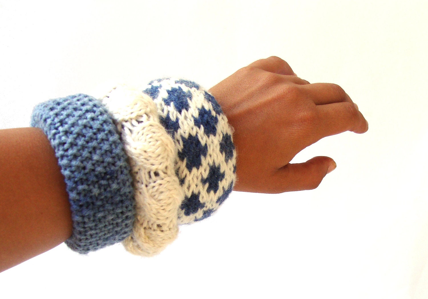 Hand knit bangle bracelets textile jewelry set denim blue