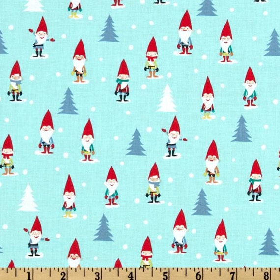 Items similar to Fabric 1 Yard MANY MINI GNOMES Elf Snow cx5526 Aqua ...