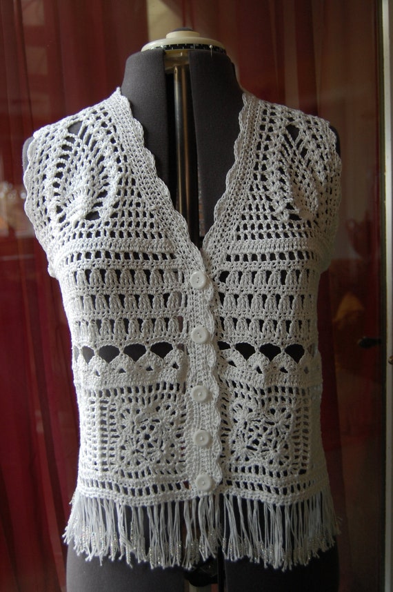 Items similar to Crochet Top in White Cotton with beaded fringe in size