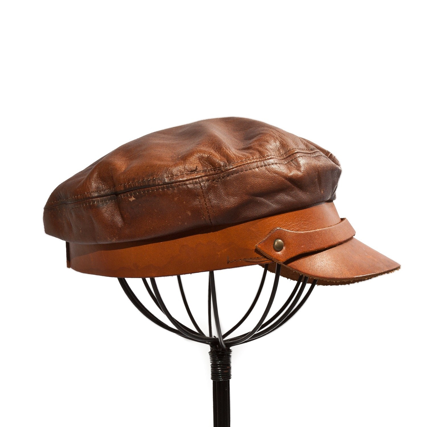 Vintage All Leather Biker Newsboy Hat Cabby Cap by Henschel