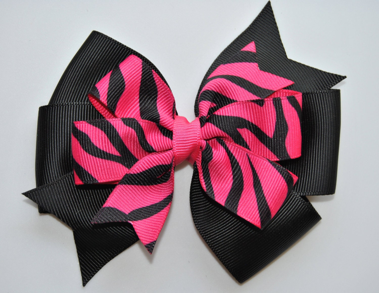 Black Hot Pink Zebra Hair bow Double by HappyHolmzCreations