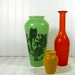 Vintage Colorful Painted Glass Vase Set of 3 - Retro Collection of Green Orange & Gold BoHo Bottles